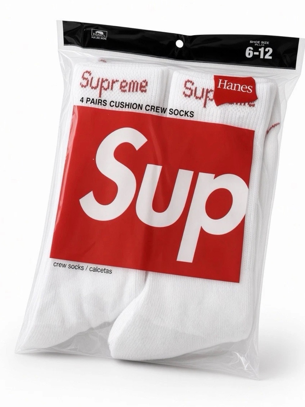 Supreme Hanes White Crew Socks with Red Branding - 4 Pack
